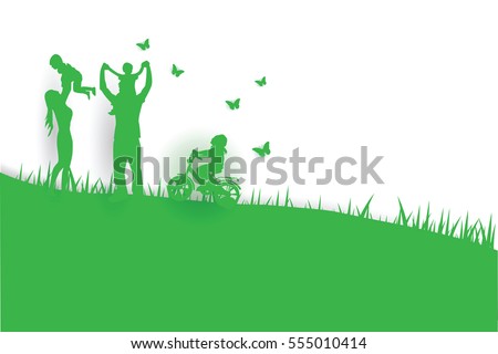 Green background happy family having fun playing in the field.Creative design graphic Environment nature day concept.people lifestyle enjoy in garden park of silhouette.Picnic in holiday.vector.Eps10 