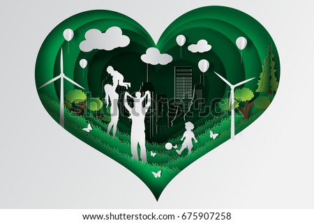 Happy family having fun playing in the garden field with vacation day lifestyle to picnic.Paper cut and craft style.Graphic people enjoy park public.Eco environment dat concept vector illustration.