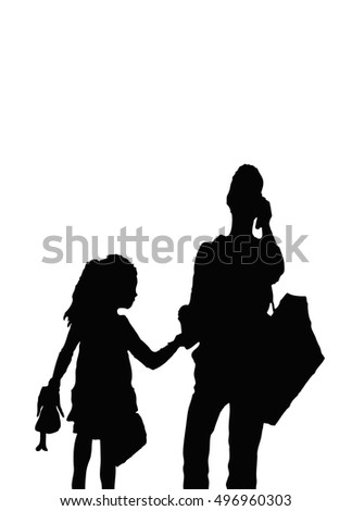 Silhouette of a young girl holding a doll and her mother talking on the phone while walking