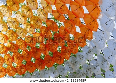 Similar – Image, Stock Photo Floating suspended orange white balls in blue background.3D render glossy spheres.Pastel colours pantone. Abstract background. Science physics nano rendering balls modern art pop.Copy space space