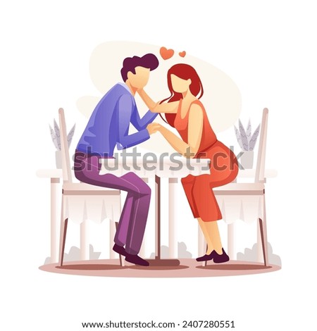Romantic Couple Valentine Concept. Romantic dinner dating couples. Man and woman sitting at cafe table, drinking coffee and talking about love.