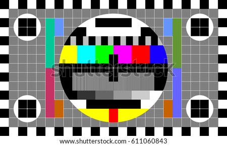 
TV test card with rainbow multi color bars and geometric signals. Technological retro hardware from the 1980s. Minimal pop art print is suitable for a textile, walls, floors.
