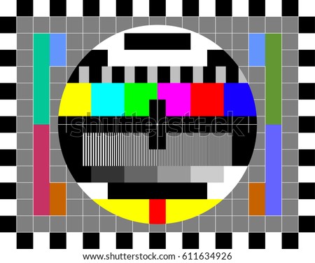 TV test card with rainbow multi color bars and geometric signals. Technological retro hardware from the 1980s. Minimal pop art print is suitable for a textile, walls, floors.