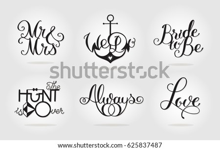 Calligraphy Art Cuttable Designs. Set of unique monochrome wedding signs for sweetheart table. A picture is suitable for printing, engraving, laser cutting paper, wood, metal, stencil manufacturing. 