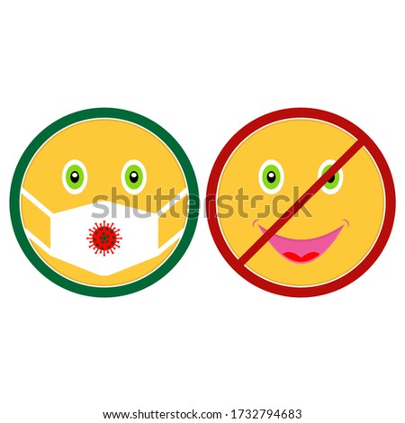 Wear a face mask. Emoticon icons. No entry without face mask. Red and green signs. Warning symbols with emoji. Vector image, illustration with smileys.