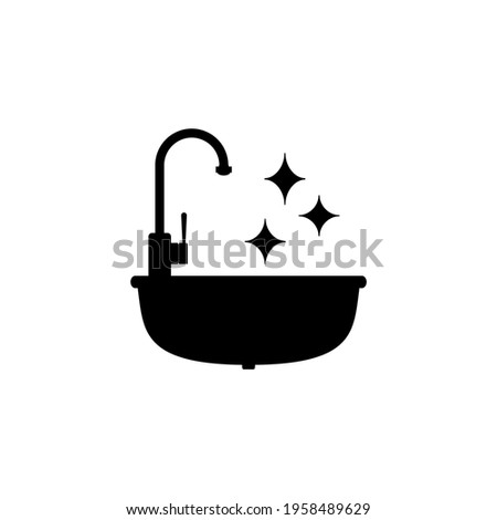 Clean kitchen sink icon with faucet. Black and white vector silhouette, clipart and drawing. Isolated illustration. 
