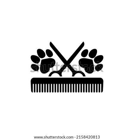 Dog grooming logo design template. Dog pawprint with comb and scissors. Vector clipart and drawing. Isolated illustration on white background.