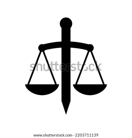 Sword and scales icon. Vector illustration. The theme of court and justice, jurisdiction and law. 