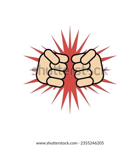 Two clenched fists bumping together in a dispute. Aggressive dangerous conflict and fight. Quarrel and fighting. Simple minimal colored vector on blank white clean background.
