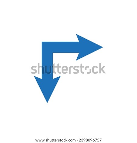 Double ended blue arrow. Dual sided arrow. Corner wide shape. Vector illustration and symbol.