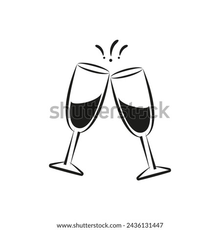 Two glasses of champagne icon. Clink, cheers and toasting. Vector outline and transparent illustration on clear white background.