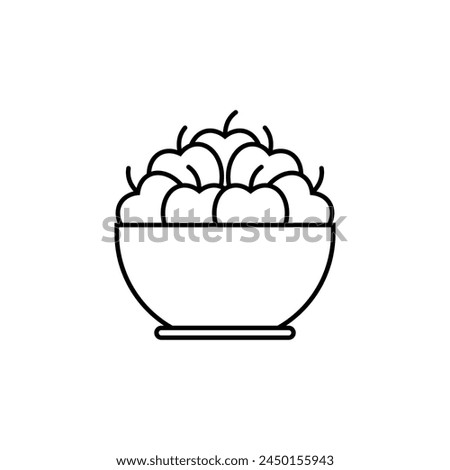 The bowl is filled with apples. Outline and line art style. Vector on white background.	