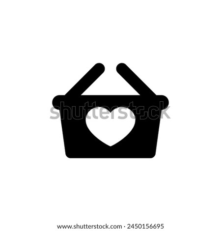 Shopping basket icon with heart symbol. Vector silhouette. 