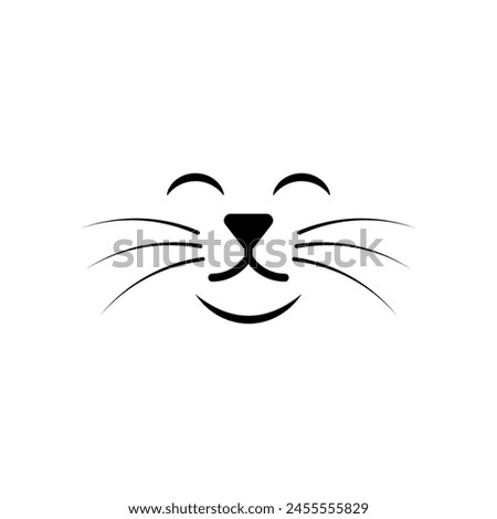 Smiling cat face with closed eyes. Separate cat nose, mouth and a long mustache. Isolated vector silhouette on white background.