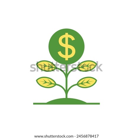 Green money tree. Plant and flower with leaves and a large round empty bud with a currency symbol. Color vector illustration on a white background.