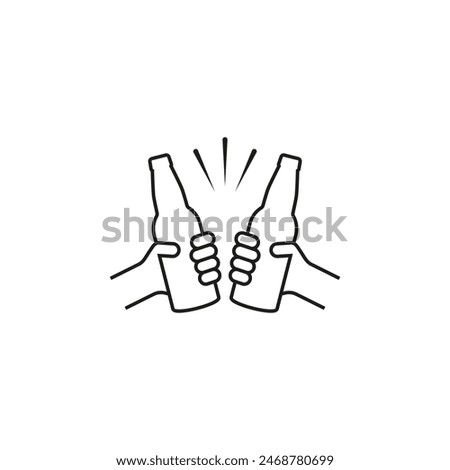 Hands holding beer bottles. Clink, cheers and toasting. Outline vector illustration white background. Two bottles of beer are held in hands. 