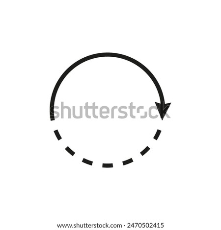 Thin long semi circle arrow. Round arrow with dotted and dashed line. Vector illustration.