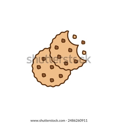 Bitten cookies with crumbs. Round cookie icon. Biscuit and cracker symbol. Colored vector illustration on white background. 