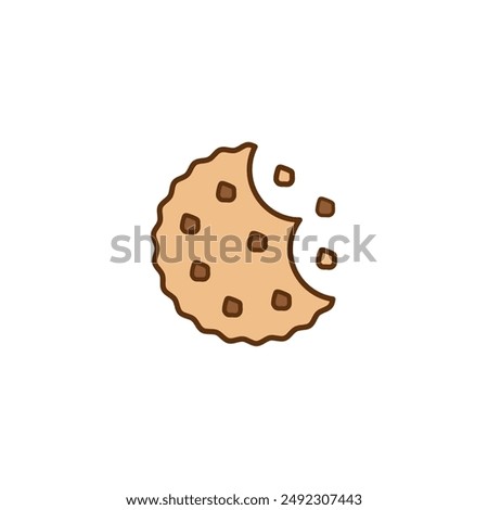 Bitten cookies with crumbs. Round cookie icon. Biscuit and cracker symbol. Colored vector illustration on white background. 