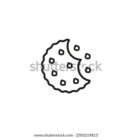 Bitten cookies with crumbs. Round cookie icon. Biscuit and cracker symbol. Outline vector illustration on white background. 