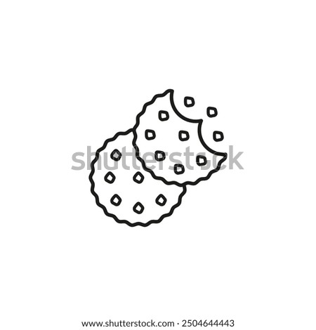 Bitten cookies with crumbs. Round cookie icon. Biscuit and cracker symbol. Outline vector illustration on white background. 