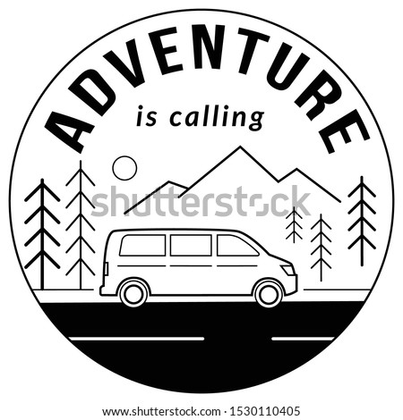 Adventure is calling. Road trip touristic location, landscape with mountains and forest trees drawn with black contour lines on white background. Monochrome vector illustration. Print design
