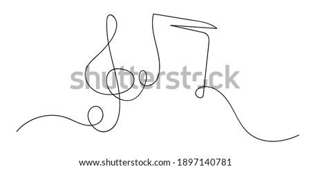 Music, continuous line, Vector line drawing. Print design. Note, treble clef