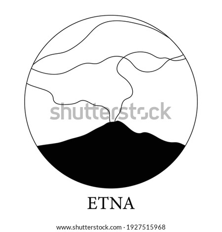 Etna eruption. Sicilian volcano. Isolated black and white illustration of an active volcano. Silhouette. Catania, Sicily, Italy