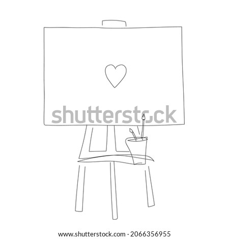 An ease with canvas and paint brushes. Vector black and white single line illustration. Line drawing of a canvas with a heart and easel. Trendy minimalistic line art illustration. Artist equipments