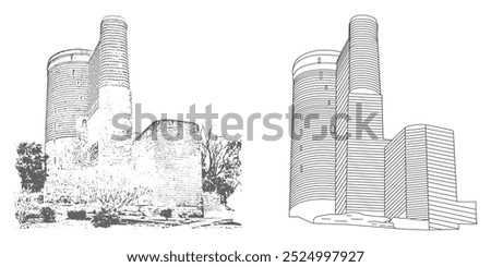 Maiden Tower. Silhouette and Line Art Vector Illustrations.