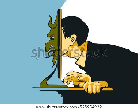 Internet Troll sitting at the computer. Vector illustration