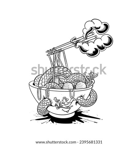 illustration of a bowl of meatball chicken noodles being hijacked by a snake