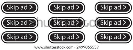 Skip Ad button icons in white and black neumorphism UI design style. Advertisement skip button symbol for website or player. Vector EPS 10
