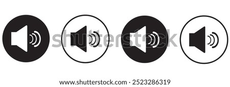 Speaker icon set with ring, mute, 50% volume and silent for smartphone user interface stroke style in black color. Sound volume icons set with different signal levels on white background. Sound icon