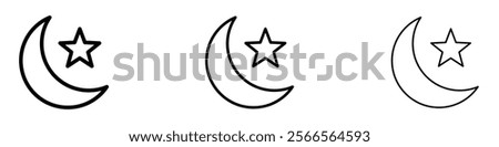 Islam star and crescent icon in tree different line stroke sizes.