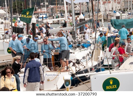SAN FRANCISCO - SEPT 13: at the 45th Rolex Big Boat Series in SF Bay, the crew of tupelo honey, winner of the irc d division, relaxing after the final race on sept 13, 2009.