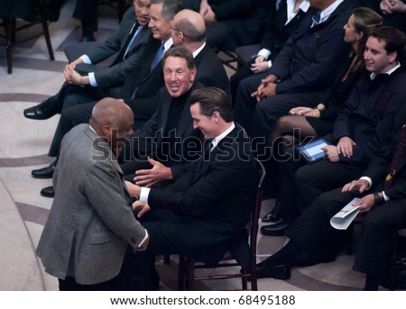 SAN FRANCISCO - JAN 5: celebrating San Francisco\'s selection as host of the 34th America\'s Cup on Jan 5, 2011 in San Francisco. Former SF mayor Willie Brown (l) greets Larry Ellison at city hall