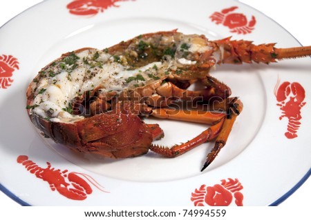 lobster dish on a seafood stencilled plate