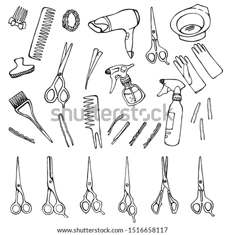 Set of hairdresser's accessories: scissors, hair dryer, hair clips, combs, gloves, spray gun.Vector illustration.Hand drawn vector.