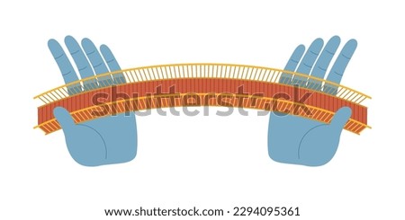 Vietnamese pedestrian bridge flat graphic vector illustration isolated on white background. Top above view of two giant hands hold up Golden Bridge in Vietnam