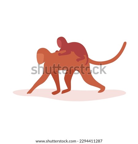 Mother monkey walking with baby monkey on back. Cute monkeys flat cartoon vector illustration isolated on white background