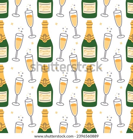 Cartoon pattern of champagne bottle  and glasses with a drink  on white background. Sparkling drink bottle seamless pattern.