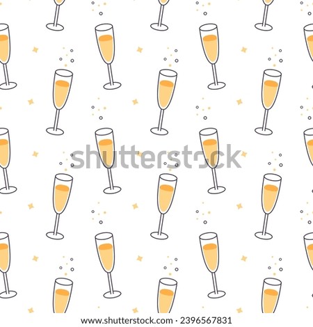 Pattern of champagne  glasses with drink with little bubbles on white background. Sparkling drink in  glasses seamless pattern.