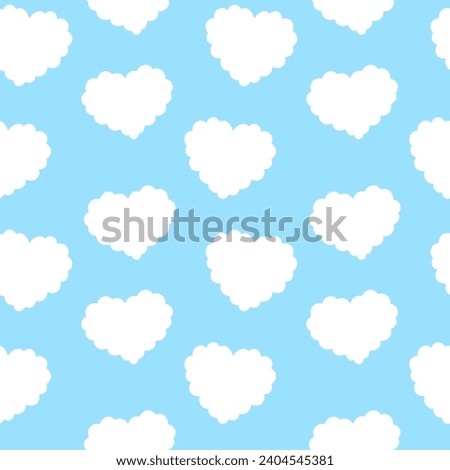 Pattern of white clouds in the shape of heart on blue sky background. Cartoon cloudy pattern. Seamless pattern with curly clouds.
