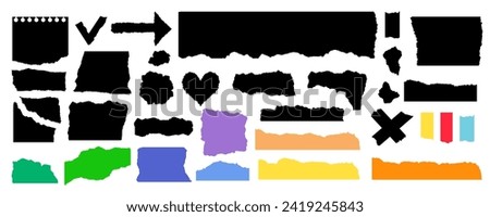 Jagged shapes.Set of ripped paper different forms isolated on white background. Black vector objects with rough edges.Square, heart, arrow shaped with torn paper effect. Ripped papers silhouettes..