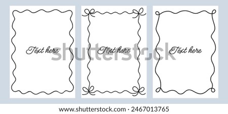 Set wavy frames template with space for text. Hand drawn black frames with cute bow isolated on background. Horizontal square wave border frame card.