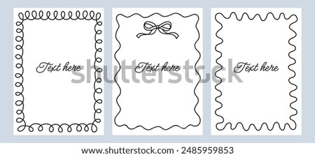 Border frame card.Set wavy frames with bow template with space for text. Hand drawn black frames with thin wavy lines isolated on background. Black frames with cute bow isolated on background