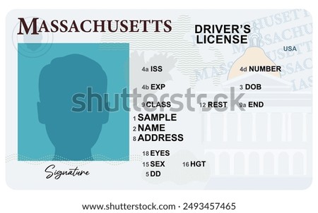 Massachusetts driver's license isolated on white background. Person driver license