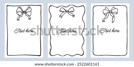 Vertical border frame cards. Hand drawn black cute bow with simple frame isolated on background. Set bow frames template with space for text.