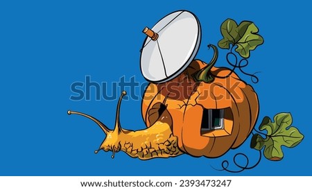 A snail that has a pumpkin with a satellite antenna instead of a shell	